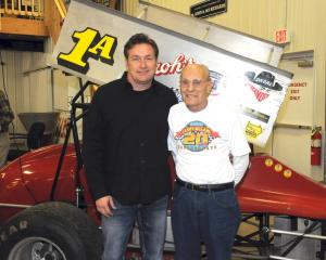Terry McCarl (left) joined Sprint Car 101 November 23rd. He stands next the car he won Rookie of the Year at Knoxville with in 1985. Daryl Arend, owned the car and spun the wrenches to McCarl's first three wins.