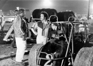 Bob Trostle, left, chats with driver Shane Carson during the 1978 season. (Coastal181.com, Carson collection)